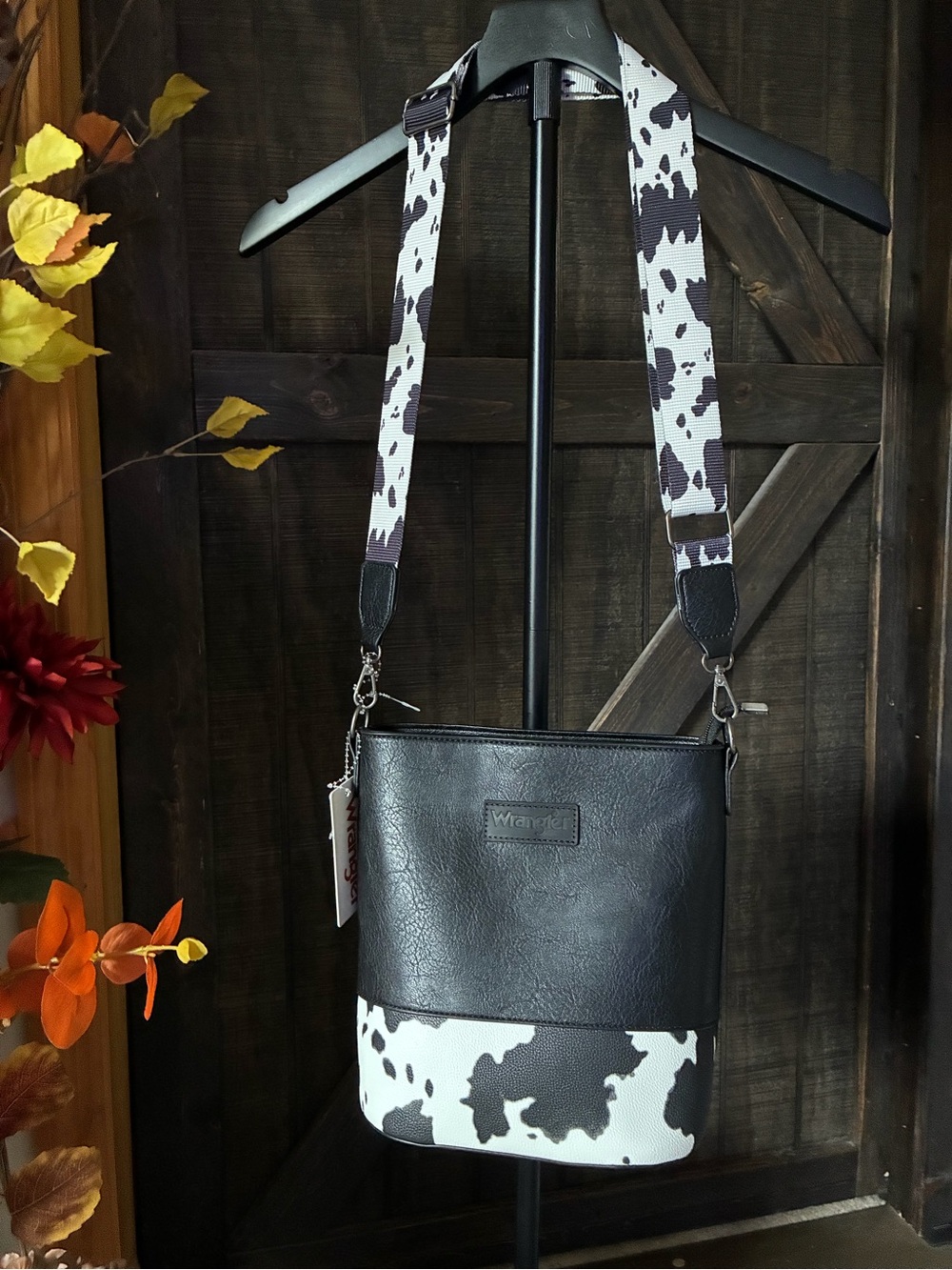Wrangler Black and White Cowhide-Print Crossbody Messenger Bag 10 inches L  12 W